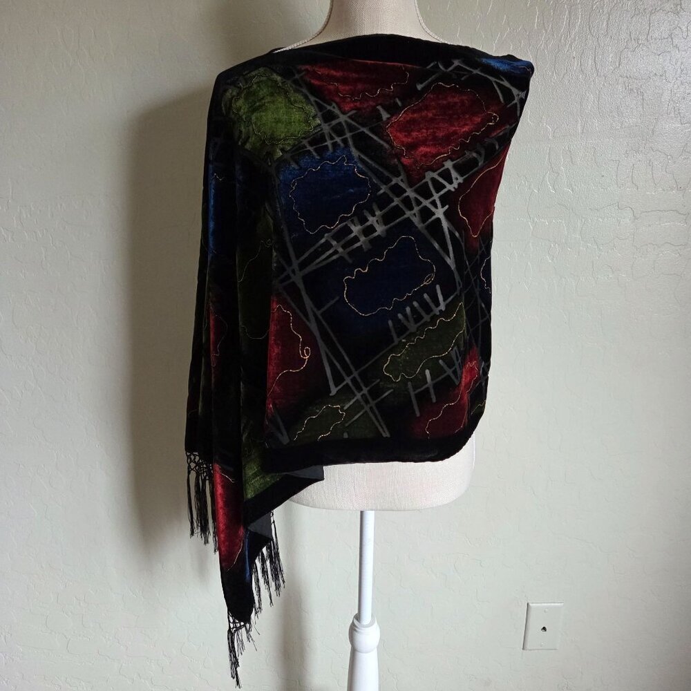Burnout Velvet Fringe Trim Shawl Wrap Scarf Black One Size Whimsigoth Abstract